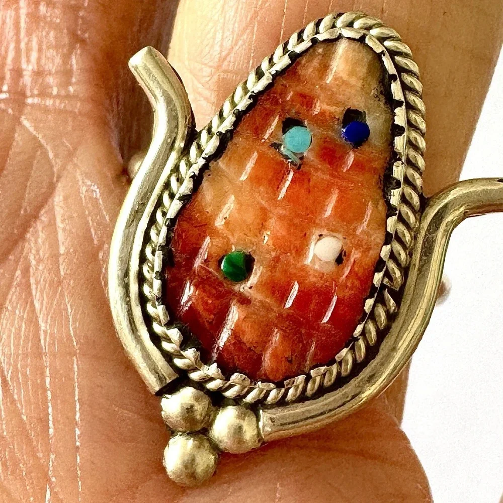 Zuni Corn Ring Sz 7‎ Carved Turquoise Orange Spiny Sterling Signed Inlay Native